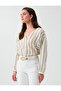 Off-White Cotton Blend Striped Shirt with Shiny Stone Detail - 4
