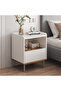 Modern Scandinavian Bedside Table with Open Shelf & Drawer | White Nightstand with Oak Accent & Metal Legs