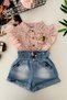 My Little Girl's Floral Patterned Ruffle Sleeve Denim Shorts Girl's Set - Pink