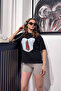 Plaid Tie Printed Relaxed Fit Black Women's Tshirt - 3