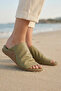 Khaki Leather Women's Flat Slippers 01Wu7602 - 2