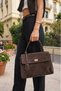 Women's Genuine Leather Lock Detail Charms Hand and Shoulder Bag Rinyas Brown Suede - 4
