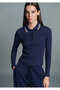 Stripe Detailed Navy Blue Polo T-Shirt Fitted / Bodycon Cut 1613836-80729