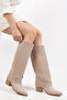 Beige Cream Matte Suede Perforated Trousers Cowboy Western Boots - 6