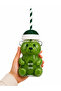 Teddy Bear Glass Cup for Cold Drinks, Frozen, Detox Cup 500 ml Green with Details and Straw - 3