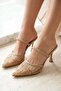Y752176315 Beige Mesh Bead Embroidered Thin Heeled Women's Shoes - 2