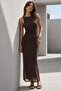 Brown Print Mesh High Collar Maxi Dress Mg2097