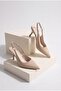 Women's Stiletto Pointed Toe Open Back Elasticated Gold Buckle Short Thin Heeled Shoes Henka Beige Suede - 5