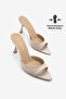 Women's Pointed Toe Strappy Thin Classic Heeled Slippers Nerlo Beige Satin