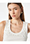 Cotton Slim Fit U-Neck T-Shirt with Pearl and Bow Embroidery - 3