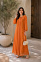 Hana- Elegant Chiffon fully lined pleated button down dress- ORANGE - 2