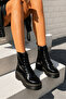 Martines Black Patent Leather Thin Fur Waterproof Winter Snow Boots Side Seam Zipper Thick Sole Lace-Up Boots - 2