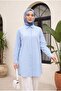Oval Cut Long Shirt with Hidden Buttons - Baby Blue - 4