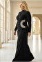 Pile Detailed Stone Embroidered Lined Plus Size Hijab Evening Dress Black Tbsmda2648 - 4