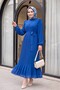 Robe-Style Dress with Pleated Sleeves and Body - Blue