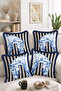 Blue Horse Figured Black and White Striped 4-Piece Fringed Throw Pillow Cover - Tasseled Pillowcase Set - 2