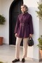 Poplin Tunic with Buckle Belt, Double Cuff Sleeves, and Hidden Buttons - Plum - 5