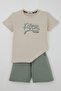 Boy's Shorts Set with Lettering Print and Lacing Accessories, 8-12 Years Old, Beige - 5