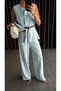 Gold Button Detailed Sleeveless Vest and Pants Set with Belt Accessory - 3