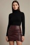Burgundy Faux Leather Draped High Waist Bodycon Knitted Fleece-Lined Mini Skirt