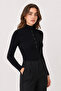 Women's Black Slim Fit Button Detailed High Neck Blouse - 5