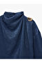 Textured Satin Blouse with Metal Accessories, Draped High Collar, Long Sleeves - 8