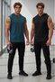 Men's Petrol-Black 2-Piece Hooded Sleeveless Plain Athlete T-Shirt