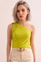 Women's Oil Green One-Shoulder Blouse with Fluorescent Detail and Gathered Sandy Fabric