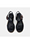 Women's Black Bone Buckle Wedge Heeled Leather Sandals - 6