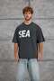 Men's T-Shirt Sea Print Washable Anthracite Oversize Printed Crew Neck Cotton