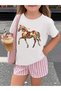 Girl's Floral Horse Printed White T-Shirt-Striped Pink-White Shorts Set