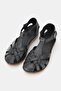 Women's Black Genuine Leather 35-41-42 Number Strapped Flat Wedge Heels Side Open Sandals - 2