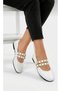 Women's Gold Buckle Double Belt Studded Stylish Casual Ballerinas White - 4