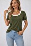 Women's short sleeve round neck white stripe detailed viscose blouse - 3