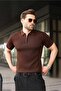 Brown Half Zipper Detailed Polo Collar Knitwear Men's T-Shirt E7492 - 5