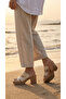 Buckle Detail Women's High Straw Look Shoes with Front Stripes Wedge Heel Slipper Sandals - 6