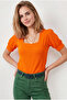Women's Orange U-Neck Short Sleeve Textured Blouse Blz-19003341 - 2