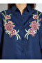 Navy Blue Floral Embroidered Long Sleeve Shirt - 4