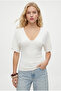 Women's Alena Waist-Fitted V-Neck Short Sleeve Knitted Ecru Blouse - 4