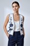 White Women's V-Neck Floral Embroidered Woven Crop Vest