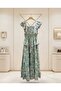 Water Green Patterned Ruffled Maxi Dress with Silver Stripe Detail - 2