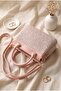 Zippered, Fastened, Knitted, Detailed, Long Strap, Handle Bag - Powder