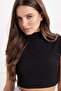 Women's Slim Fit Slim Fit Cotton Stand Collar Zero Sleeve Black Crop Blouse - 3
