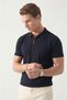 Men's Navy Blue Comfortable Fit Zippered Polo Collar Soft Textured Knitwear T-Shirt 2505001 - 2