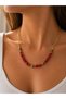 Coral and Jade Stone Gold-Colored Detailed Necklace - 3