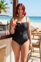 Women's Plus Size Swimsuit Square Neckline V-Neckline Thin Straps Waist Belt Detailed Supportive Cup Knitted Fabric