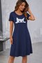 New Season Women's Short Sleeve Crew Neck Cat Patterned Viscose Short Dress - 3
