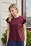Women's Silky Fabric Wide Zero Neck Short Sleeve Tshirt Blouse-Burgundy - 3