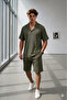 Men's Green Bürümcük Apaj Collar Tshirt Shorts Set