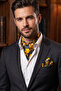 Gold Rose Printed on Black Soft Satin Woven Men's Accessory Set: Scarf, Shawl, and Handkerchief